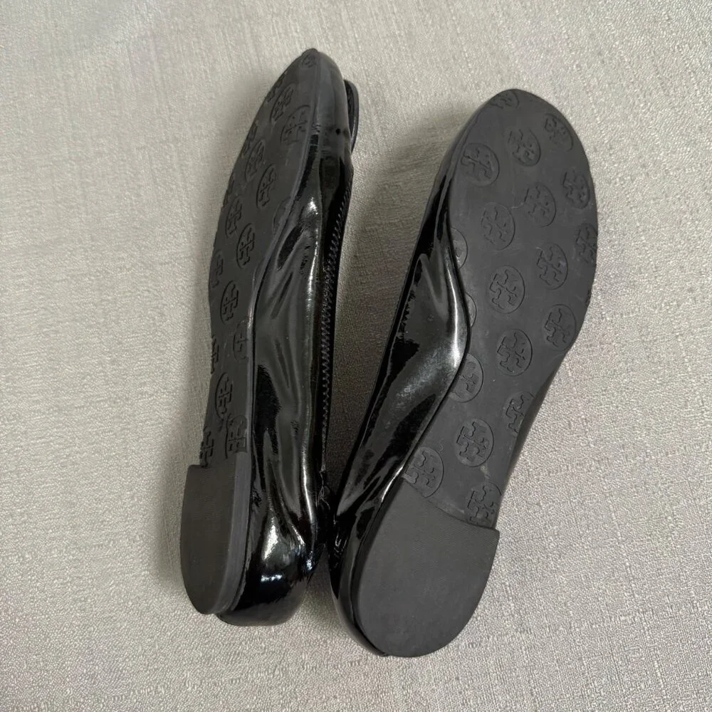 Tory Burch Reva Black Patent Leather Ballet Flats 7M Medallion Logo Timeless